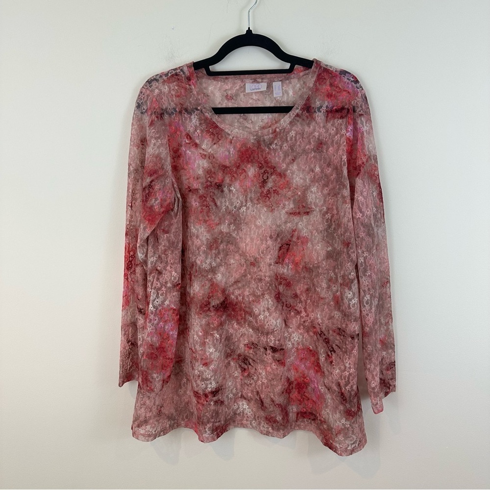 Logo Layers Pink Patterned Sheer Lace Long Sleeve Blouse Size 1X